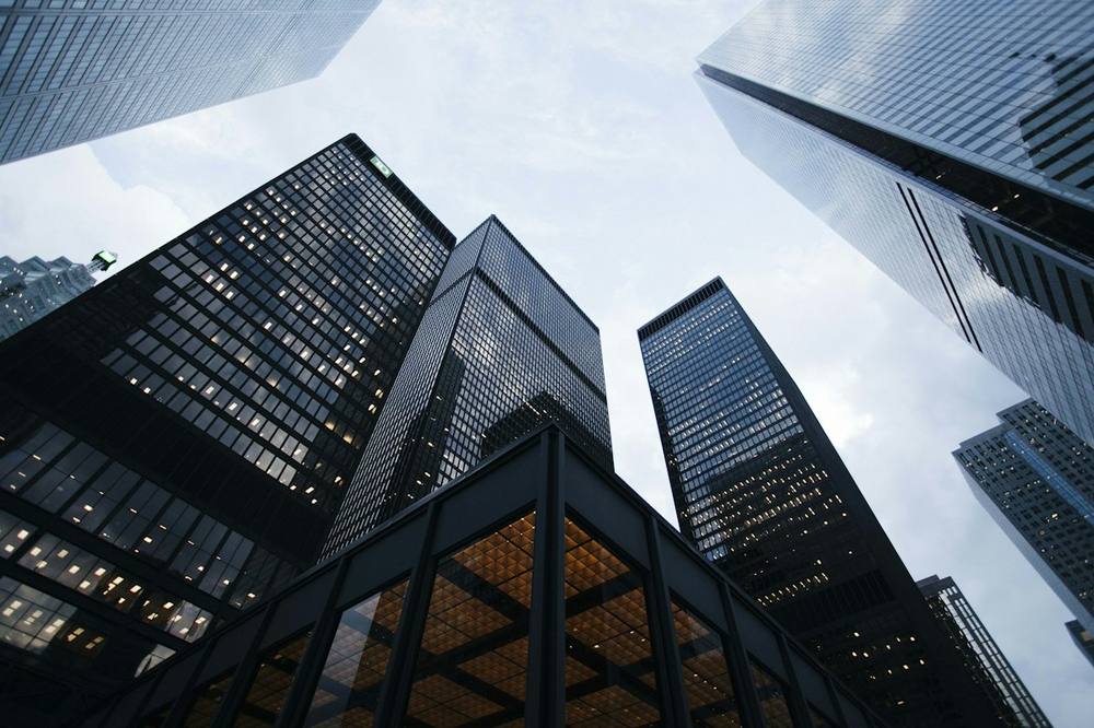 Commercial office buildings with clean glass exteriors
